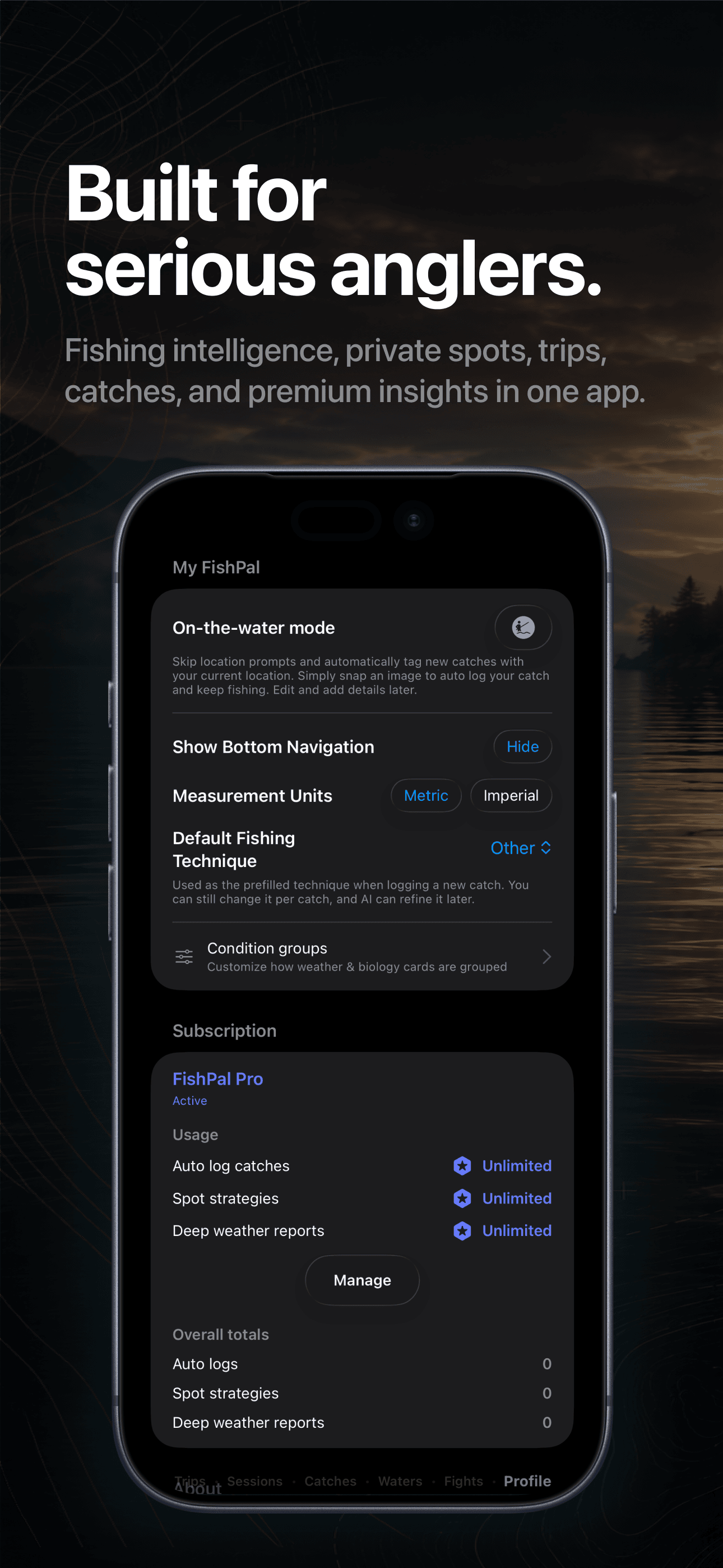 FishPal Pro profile with fishing intelligence features