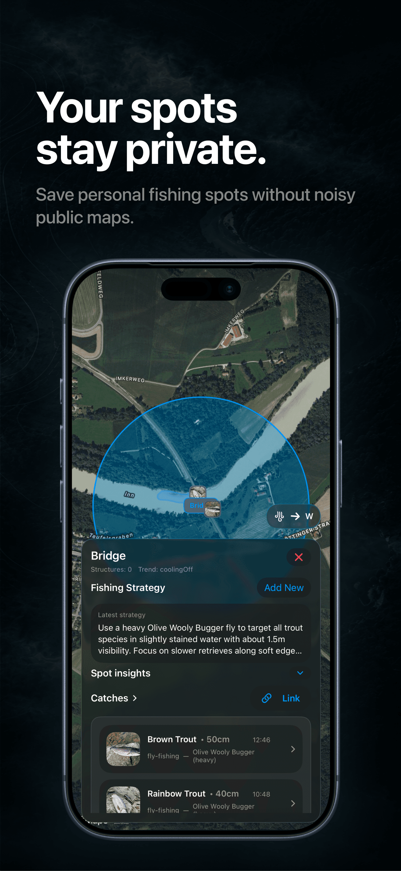 FishPal private fishing spots screen on iPhone