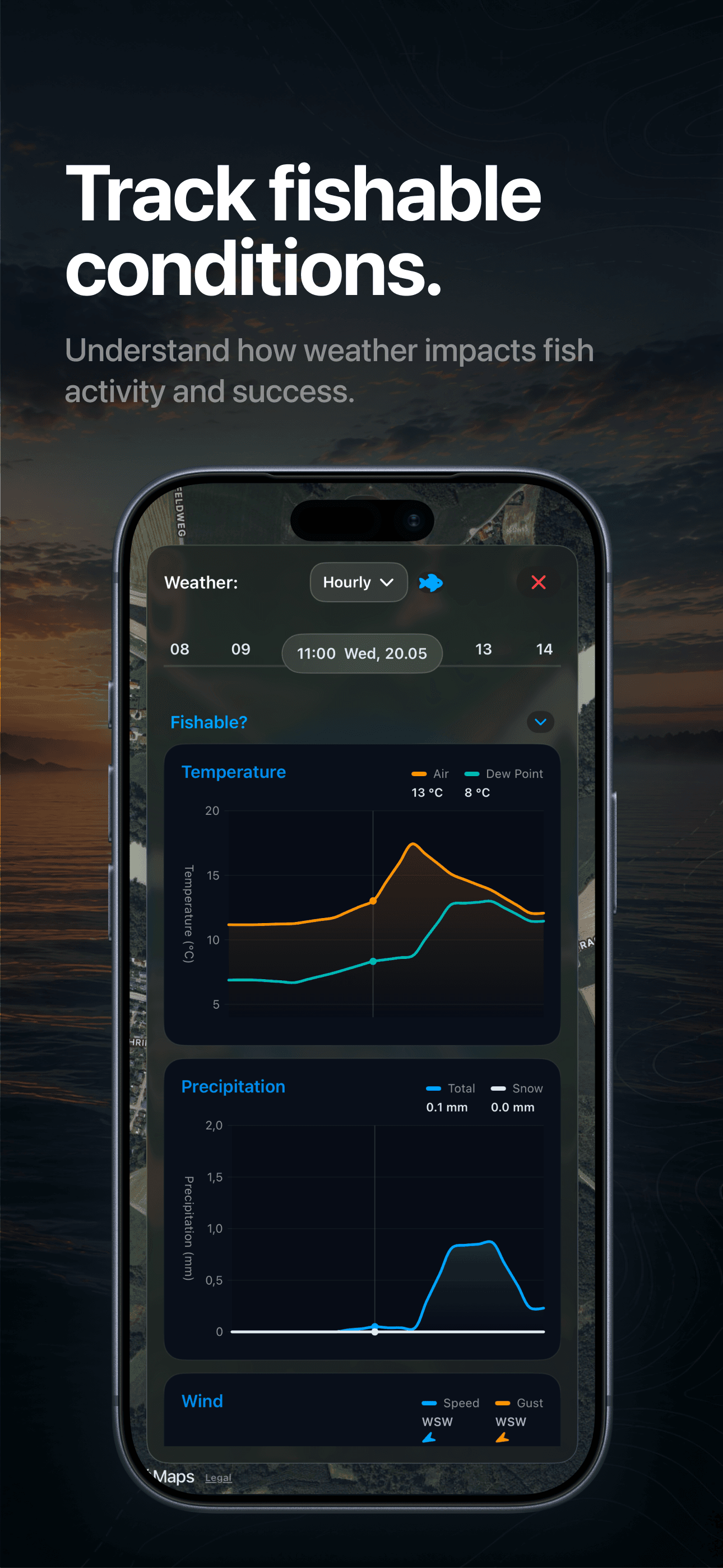 FishPal fishable weather conditions screen on iPhone