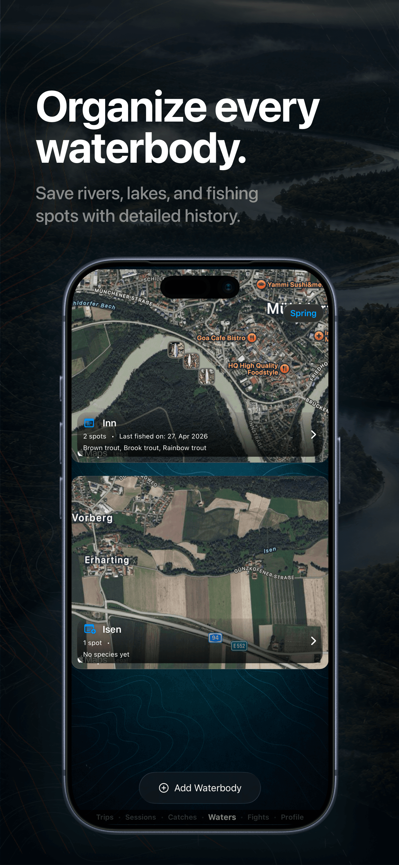 FishPal private waterbody history screen on iPhone
